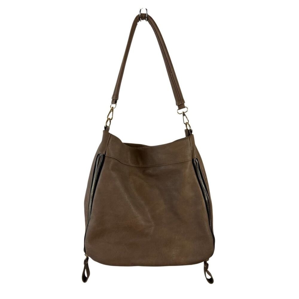 Madison west faux leather shoulder bag brown gold zippers‎ hook strap